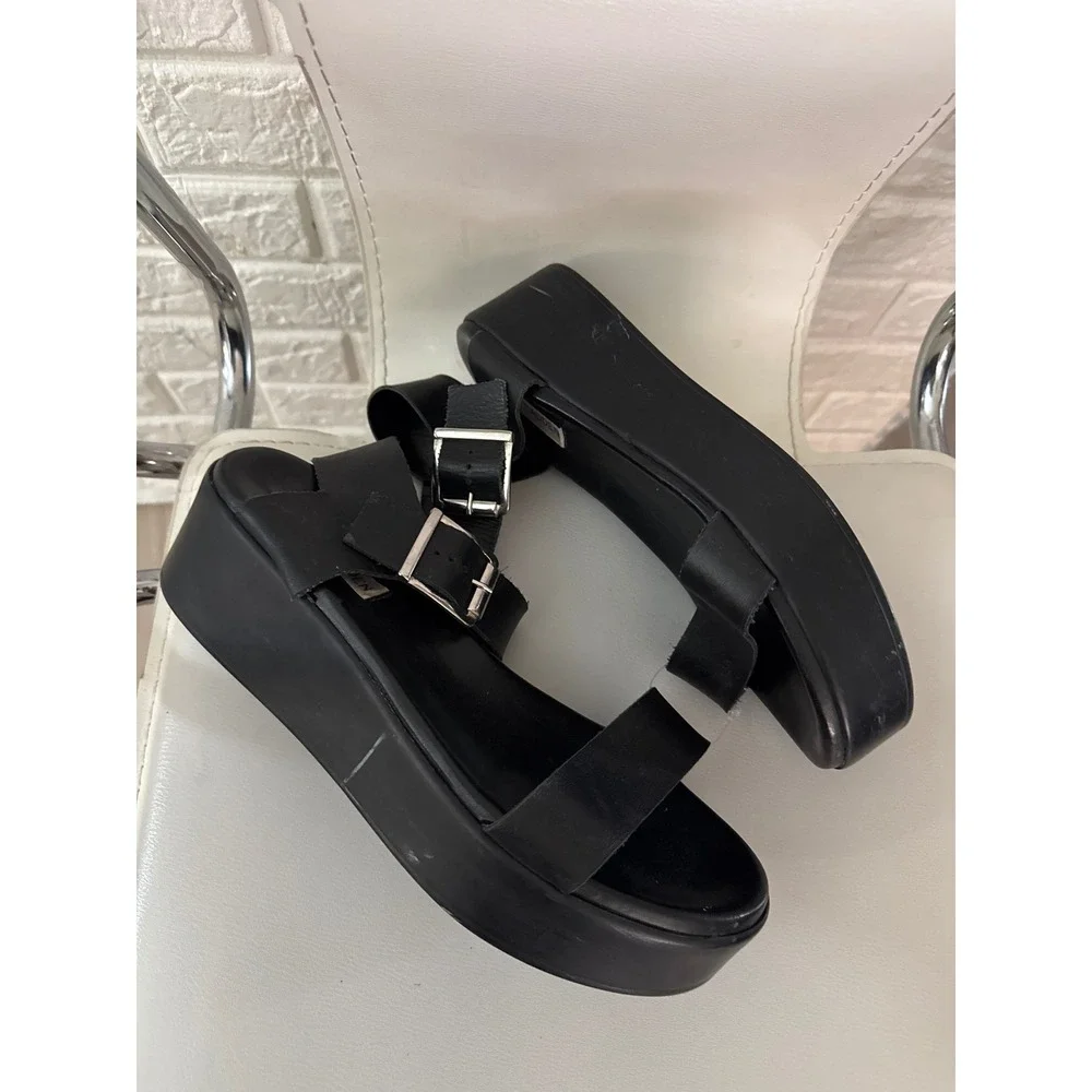Steve Madden Black Leather Platform Sandals Made in Italy Ankle Strap Womens 10